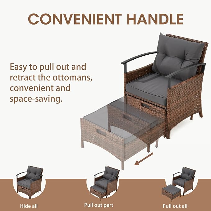 ECOTOUGE 5 Pieces Patio Furniture Set, Outdoor Wicker Chairs with Pull Out Ottoman & Metal Coffee Table, Rattan Conversation Set for Garden, Deck, Balcony, Poolside(Dark Grey)