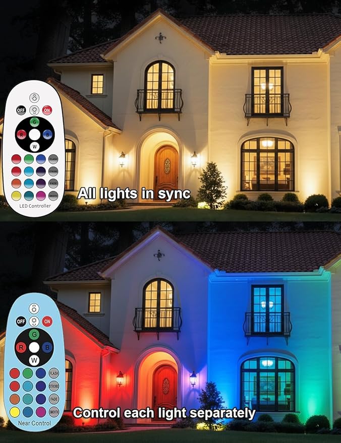 Halloween Landscape Lights with Remote Control 120V Landscape Lighting 12W RGBW Outdoor LED Spotlights Color Changing LED RGB Flood Spot Lights for Yard Garden Path Patio Tree Decorative