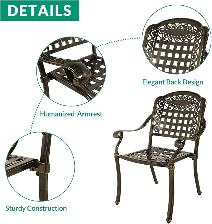 VIVIJASON 5-Piece Outdoor Patio Furniture Dining Set, All-Weather Cast Aluminum Conversation Set, Include 4 Chairs and 38.5" Round Table w/Umbrella Hole for Balcony, Lawn, Garden, Backyard