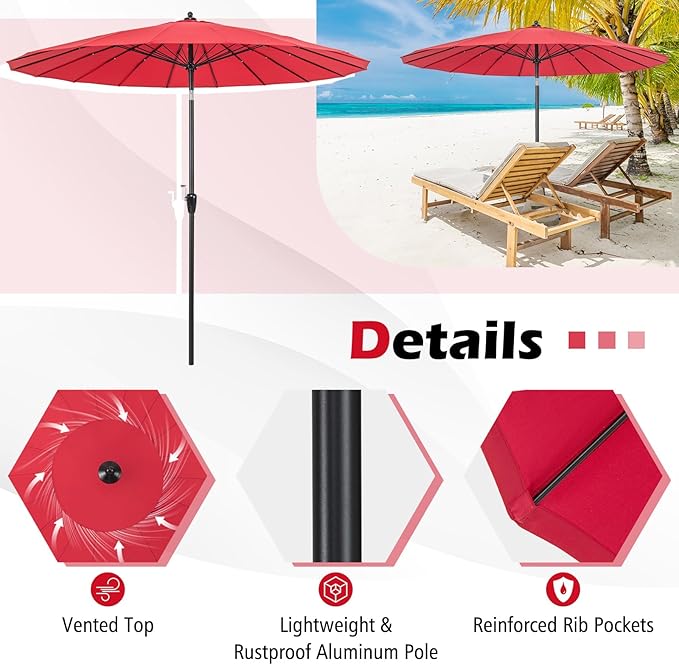 Tangkula 9FT Round Patio Umbrella, Outdoor Market Umbrella with 18 Fiberglass Ribs, Push Button Tilt, Crank, Fade-resistant Canopy & Ventilation, Aluminum Table Umbrella for Backyard, Pool (Wine)
