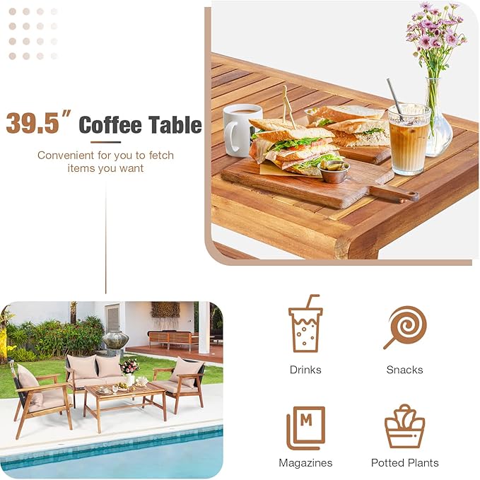 HAPPYGRILL 4 Piece Outdoor Rattan Sofa Set Acacia Wood Frame Conversation Set with Coffee Table, Modern Style for Backyard, Patio, Garden, Poolside, Balcony