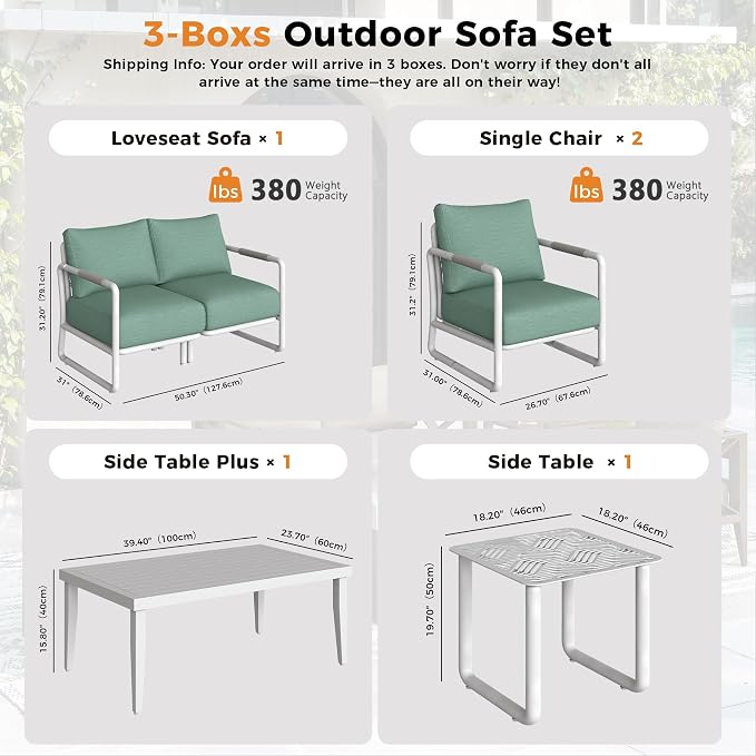Outdoor Aluminum Patio Furniture Set with with 6.5" Thick Cushions,6-Piece Outdoor Sectional Conversation Set with Coffee Tables,All-Weather Patio Set for Backyard & Deck，White
