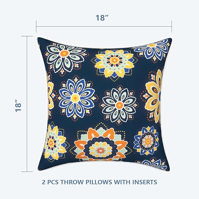 LVTXIII Outdoor Throw Pillows 18x18 Patio Waterproof Square Pillows with Piping Fade Resistant Accent Pillow for Spring Summer Garden Decoration, Set of 2, Bloom Medallion‌ Cobalt