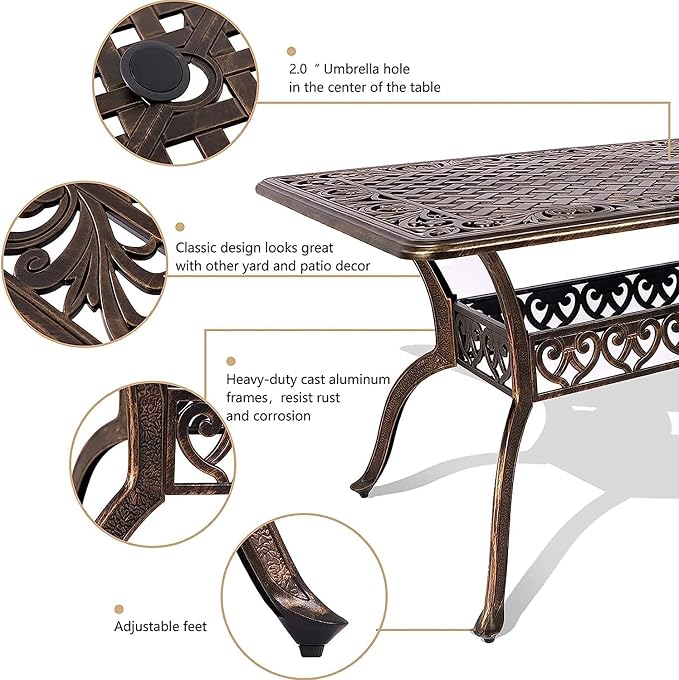 Grepatio 7 Piece Cast Aluminum Patio Dining Set, Outdoor Dining Furniture Set, Patio Table with Umbrella Hole and 6 Dining Chairs with 6 Cushions for Poolside Garden (Red)