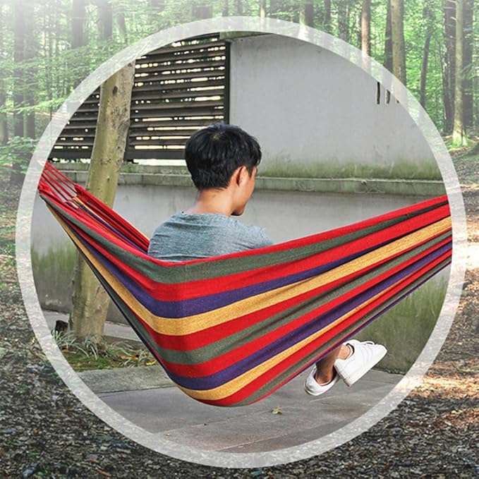 BESTonZON Canvas Camping Hammock Swing, Portable Outdoor Hanging Chair with Striped Rainbow Pattern, 190x85cm, Lightweight Travel Hammock for Garden, Patio, Backyard, Indoor and Outdoor Use