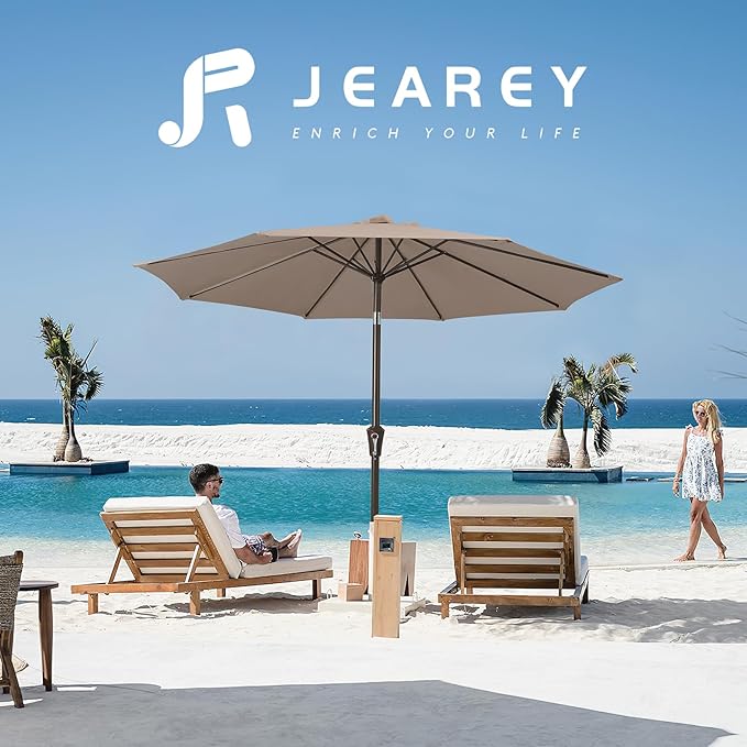 JEAREY 9FT Outdoor Patio Umbrella Outdoor Table Umbrella with Push Button Tilt and Crank, Market Umbrella 8 Sturdy Ribs UV Protection Waterproof for Garden, Deck, Backyard, Pool (Khaki)