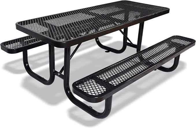 72" Rectangular Metal Picnic Table for 4-8 Person, Durable Heavy Duty Commercial Picnic Table with Umbrella Hole for Outdoor Coffee Shop, School, Hospital, Easy to Install, Black