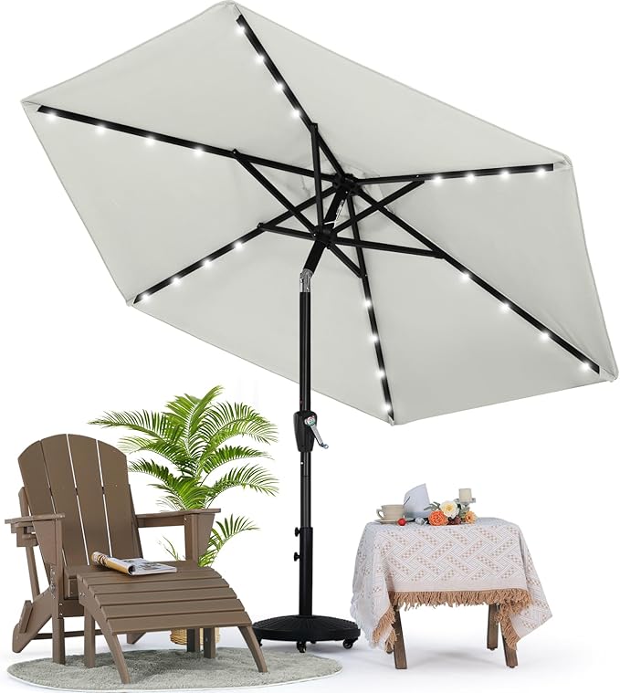 MASTERCANOPY 7.5FT 6Ribs Patio Umbrella with 32 Solar LED Lights, Outdoor Market Umbrella with Tilt & Crank, UV Protection & Fade Resistant Fabric, Easy Set-Up for Garden, Deck, Pool (Light Gray)