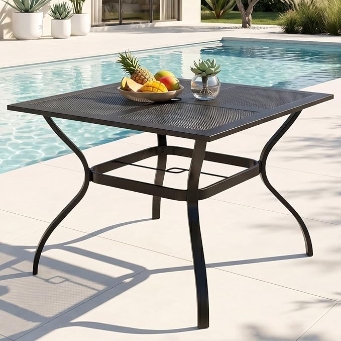 PHI VILLA Patio Table w/Umbrella Hole, Metal Table w/Mesh Top, Black | 37" wrought iron dining table for 4, weather resistant. Perfect for patio, deck, porch, backyard.