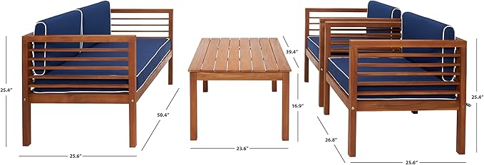 SAFAVIEH Outdoor Collection Alda Natural/Navy Cushion with White Piping 4-Piece Conversation Patio Set