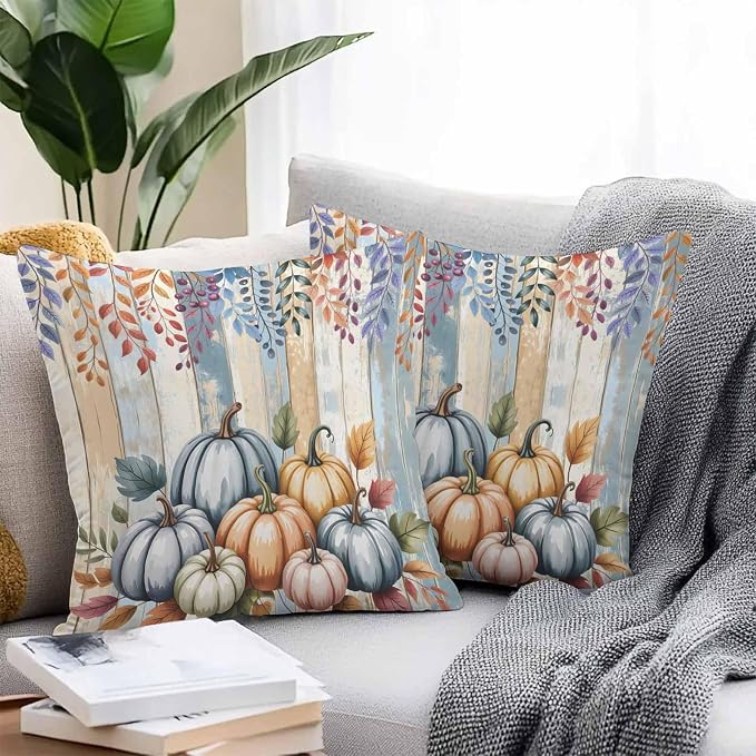 Orange Pumpkins Outdoor Waterproof Pillow Covers, Eucalyptus Leaves Wood Grain Country Rustic Decorative Square Throw Pillowcase Sofa Cushion Sham for Patio/Couch/Chair, 16"x16" 2 Pack