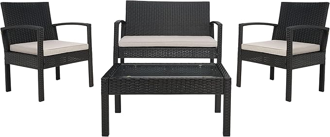 SAFAVIEH Outdoor Collection Bassey Black/Light Grey Cushion 4-Piece Conversation Patio Set