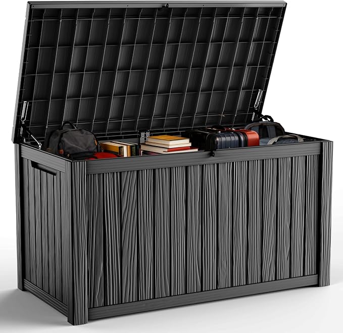 DRATO 200 Gallon Deck Box, Waterproof Resin Large Outdoor Storgae Box for Patio Furniture, Patio Cushions, Gardening Tools, Pool Supplies, Lockable (Black, 200 Gallon)