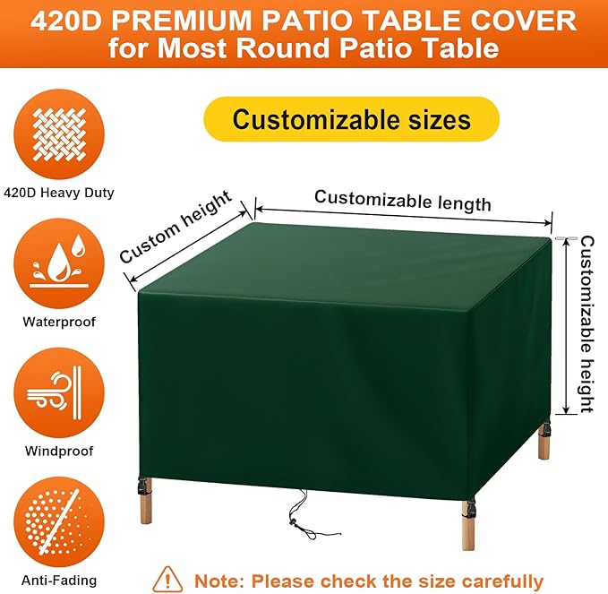 Patio Furniture Cover Rectangle 80"(L) x 48"(W) x 32"(H), Custom Heavy Duty 420D Waterproof Outdoor Cover with Drawstring & Buckles for Table Chair Garden, Green