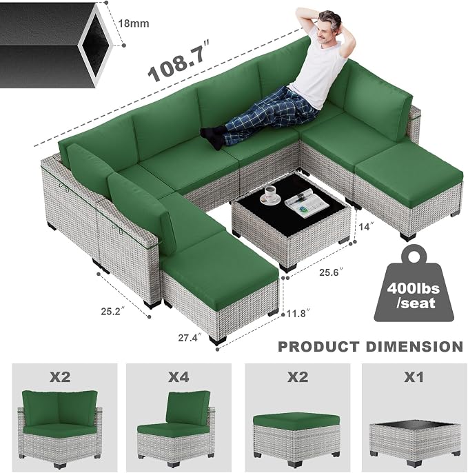 9-Piece Patio Furniture Set, Outdoor with Ottomans, Modular Patio Sofa, Dual-Strand Wicker Rattan, Rust-Resistant Frame, Backyard Furniture for Garden, Deck, Dark Green
