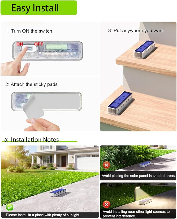 DetarZinLED Blue Solar Step Lights, 12 LEDs 2-Sided Glow, IP68, 4 Pack | IP68 Waterproof, Solar Powered, Auto ON/OFF, Stick on, Sturdy Polycarbonate Shell, for Outdoor Dock, Deck, Flat, Stair, Porch