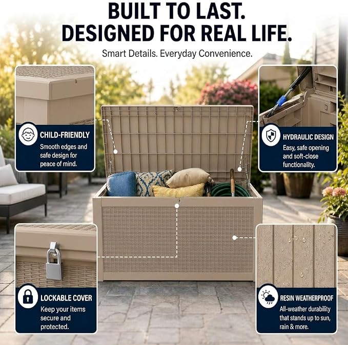 LAUSAINT HOME 100 Gallon Outdoor Deck Box, Waterproof Resin Storage Box with Lock, Patio Cushion Storage, Garden Tool Organizer, Pool Storage Container, Outdoor Storage Bench,Light Brown