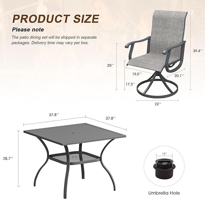VICLLAX Patio 5 Pieces Outdoor Dining Set for 4, 38" Square Metal Dining Table with Umbrella Hole and 4 Swivel Textilene Chairs for Lawn,Garden,Porch,Dark Grey/Grey