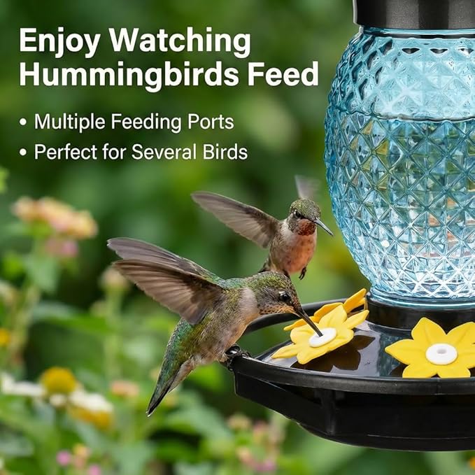 Fchstaer Glass Hummingbird Feeders for Outdoors Hanging 16oz 2 Pack Blue Pineapple Bee & Ant Proof 360°Perch Leakproof Easy Clean with 6 Feeding Ports Gifts for Mom