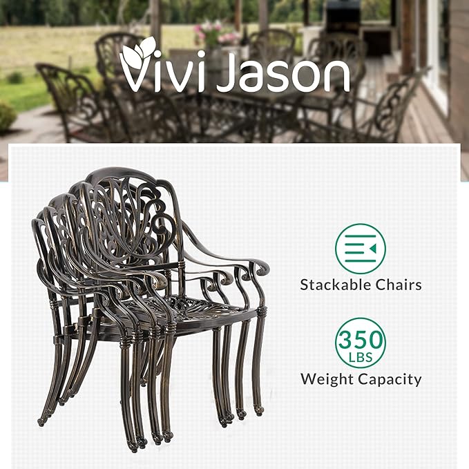 VIVIJASON 7 Pieces Cast Aluminum Outdoor Furniture Dining Set, Include 6 Chairs and a Rectangle Table with 2" Umbrella Hole, Patio Conversation Set for Lawn Garden Porch