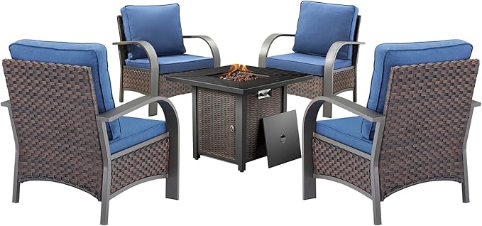 HUMMUH Patio Furniture Set with Fire Pit Table-Patio Chairs Set of 4 Outdoor Wicker Chairs for Deck Porch Garden Poolside Backyard-Brown/Blue