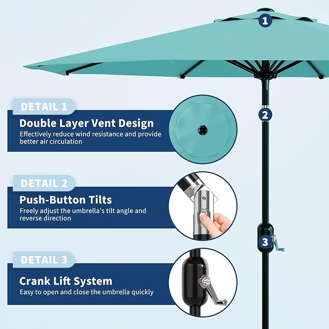 Garvee 9 ft Outdoor Patio Umbrella 8 Sturdy Ribs Outdoor Table Umbrella with Crank Lift & Push Button Tilt - UV Protection Waterproof Market Umbrellas for Pool, Deck, Yard, Garden, Lake Blue