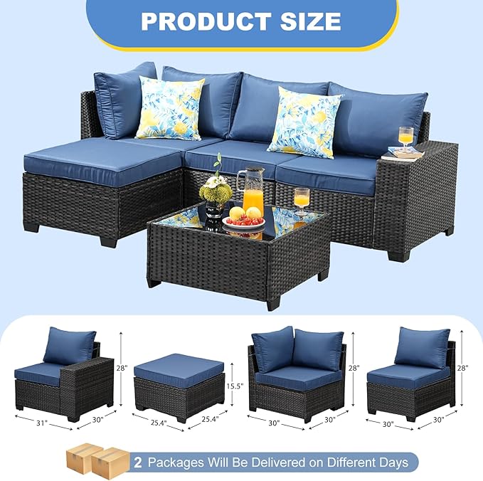5 Pieces Patio Furniture Set, Wicker Outdoor Conversation Sets with Tea Table, Rattan Patio Sofa with Thick Cushions for Garden, Backyard Porch, Poolside, Patry, Navy