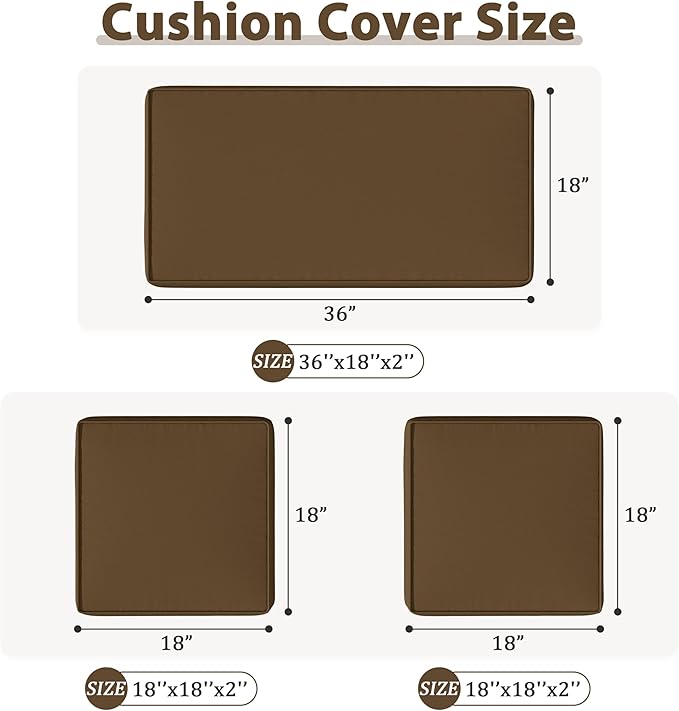 3 Pack Outdoor Patio Seat Cushions Replacement Covers Fit for 4 Pieces 4-Seater Wicker Rattan Patio Conversation Set Loveseat Chair Couch Furniture,36x18x2,18x18x2,Chocolate-Cover Only