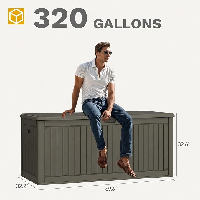 DWVO 320 Gallon Resin Outdoor Storage Box, XXL Double-Wall Waterproof Deck Box with Divider, Doubles as Table or Seating with 1000 lbs Capacity, Lockable (Light Brown)