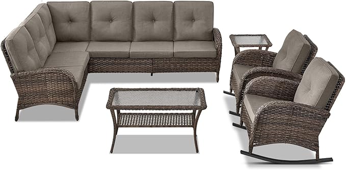 Belord Outdoor Furniture Set - 6 Pieces Patio Conversation Sectional Sofa Set with Patio Rocking Chairs Set of 2 and Wicker Coffee Table for Deck Backyard Sunroom Brown