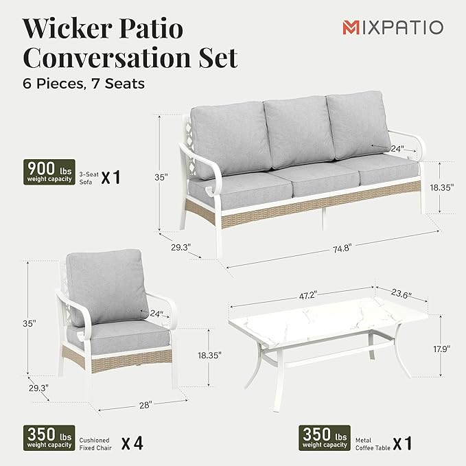 6 Piece Metal Patio Furniture Set, 7-Seat All Weather Outdoor Conversation Set with 3-Seat Sofa & 4 Fixed Chairs & Coffee Table, Outdoor Sofa Set for Backyard, Deck, Garden, White/Light Grey
