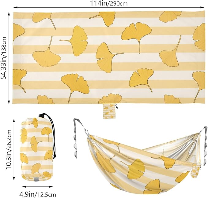 Yellow White Striped Ginkgo Biloba Leaf 330lb Capacity Outdoor Hammock with Hanging Rope Indoor Hammock for Camping & Hiking Essential capas para la Lluvia