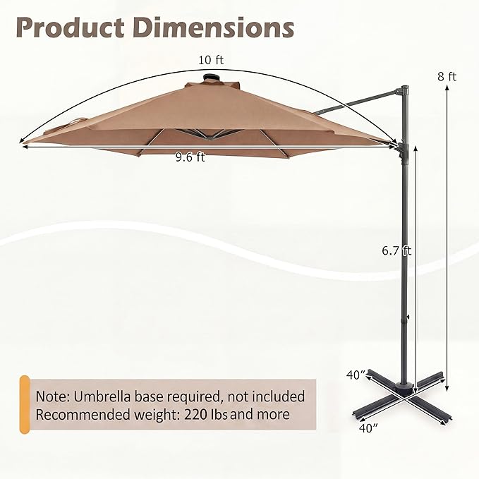 HAPPYGRILL 10 FT Patio Umbrella with Solar Lights, Outdoor Offset Cantilever Umbrella with White LED Lights, 360 Degree Rotation, Air Vent for Pool Deck Garden Backyard