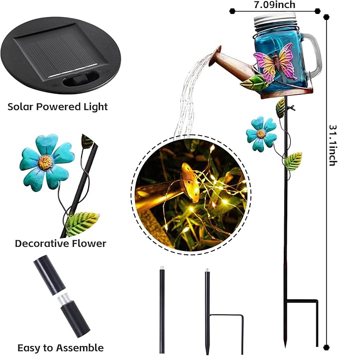 SRNPMIU Solar Watering Can Light, Yard Outdoor Decor Lights, IP65 Waterproof, Hanging Butterfly Garden Light, Outside Garden Flower Bed Decor, Women Gift, Birthday Gifts