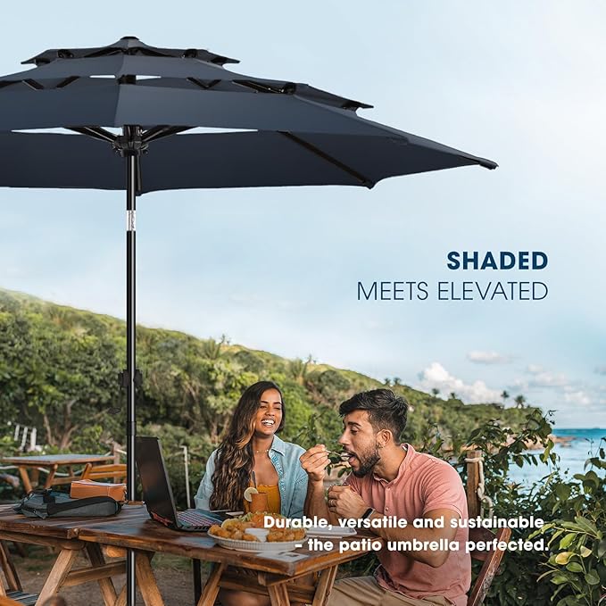 wikiwiki 9ft 3-Tier Patio Umbrella Outdoor Table Market Umbrella for Patio with Push Button Tilt/Crank, Fade Resistant Waterproof POLYESTER Canopy for Garden, Lawn, Deck, Backyard & Pool, Navy Blue