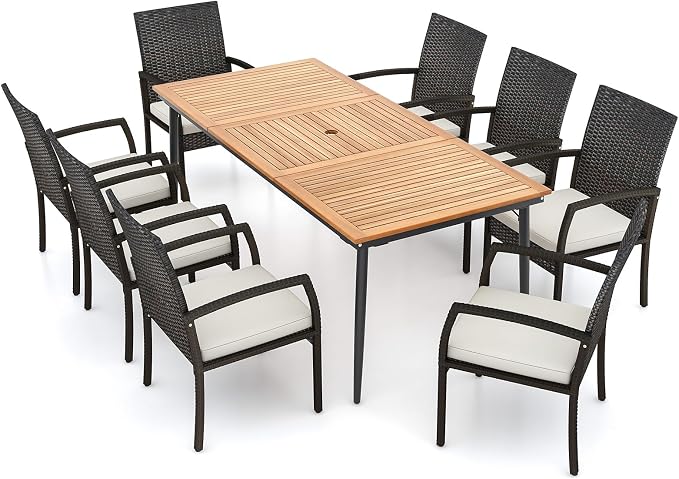 Tangkula 9-Piece Patio Dining Set, 79" Outdoor Acacia Wood Dining Table with 1.9" Umbrella Hole & 8 Rattan-Woven Dining Chairs with Seat Cushions, for Garden, Porch, Deck
