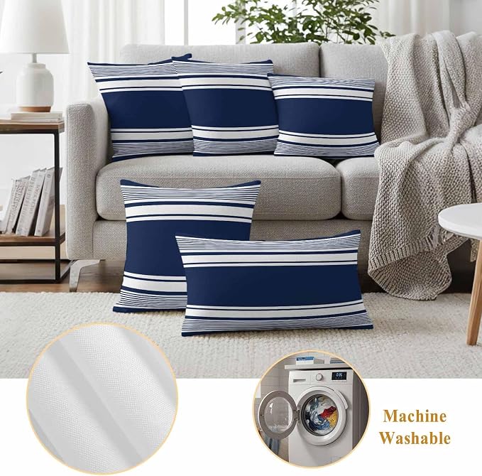 Outdoor Waterproof Throw Pillow Covers, Navy Blue Striped Decorative Pillow Cases, Modern Color Block Farmhouse Stripes Couch Pillow Protector Patio Sofa Cushion Covers Replacement 18"x18" 2 Pack