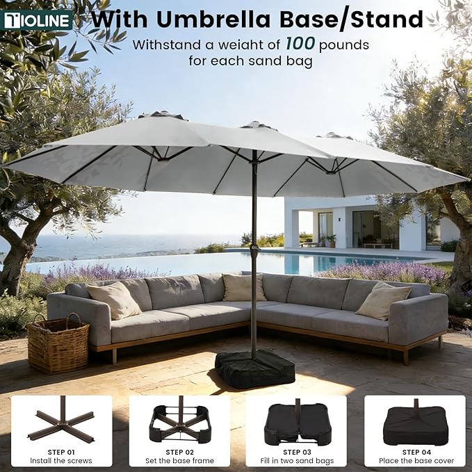 15FT Large Patio Umbrellas with Base Included, Outdoor Double-Sided Rectangle Big Market Umbrella with Stand, Outside Umbrellas for Poolside Lawn Backyard,Light Gray