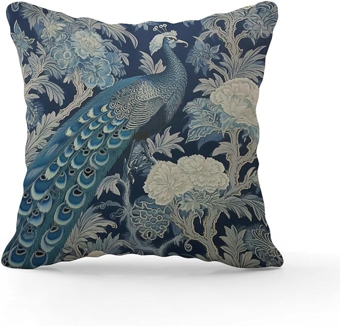 Blue Peacock Chinoiserie Pillowcase Blue Grey Asian Flower Throw Pillow Cover Retro Modern Decorative Pillow Covers for Couch Garden Tent Balcony 16x16 in