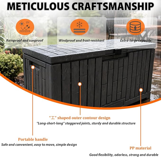 Outdoor Storage Box, Weatherproof Resin Deck Bin with Heavy-Duty Lid, High Load Capacity, Perfect for Patio Furniture, Garden Equipment, and Pool Accessories 804C