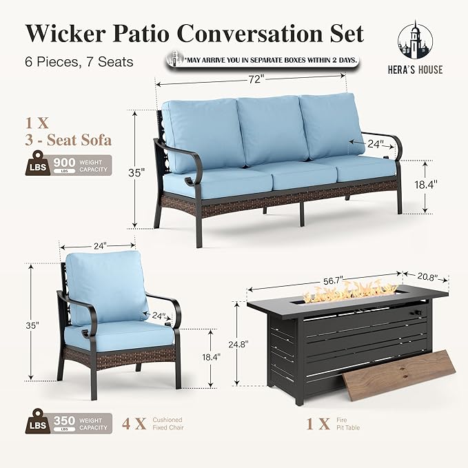 HERA'S HOUSE 6 Piece Metal Patio Furniture Set with 56" Fire Pit Table, All Weather Outdoor Conversation Set, 3 Seat Sofa, 4 Fixed Chairs with Cushions, Seats 7 for Backyard, Garden, Deck, Blue