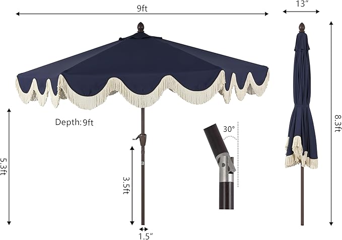 JONATHAN Y UMB1001 Collins 9 ft. Classic Cottage Tassel Market Patio Umbrella with Auto-Tilt, Crank, Wind Vent and UV Protection