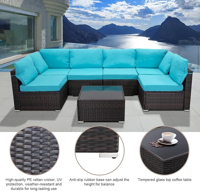 7 Pieces Outdoor Patio Furniture Sets,Rattan Conversation Sectional Set,Manual Weaving Wicker Patio Sofa with Tea Table