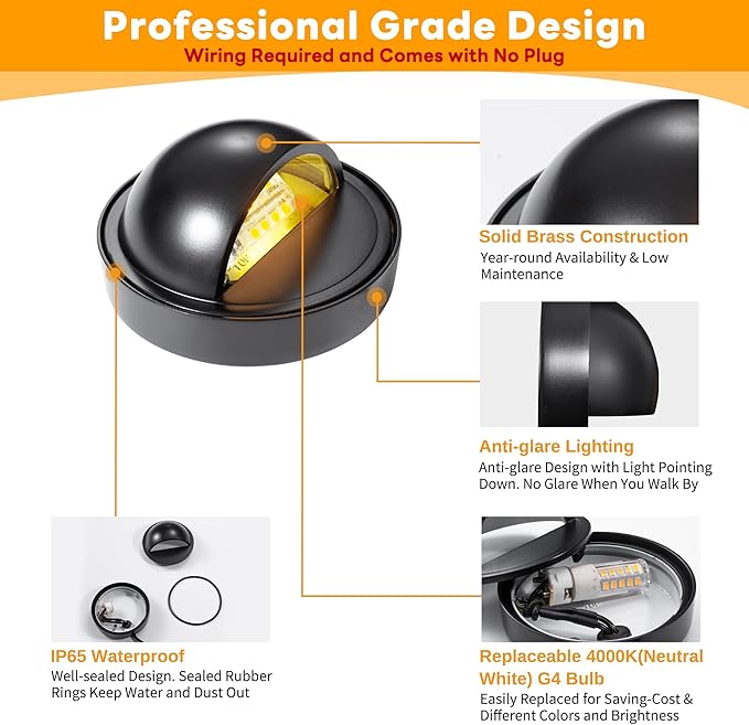 Gardenreet Landscape LED Step Lights - Solid Brass Low Voltage Deck Light, Outdoor 12V Hardwired IP65 Waterproof, Black Round for Wall Garden Stair with 4000K Neutral White G4 Bulb 12 Pack