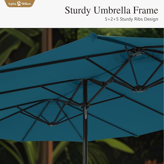 Sophia & William 15 ft Extra Large Patio Umbrella with Base Included, Rectangular Outdoor Umbrella Heavy Duty, Market Umbrella Double-sided Fade Resistant for Pool Garden Backyard, Cyan-blue