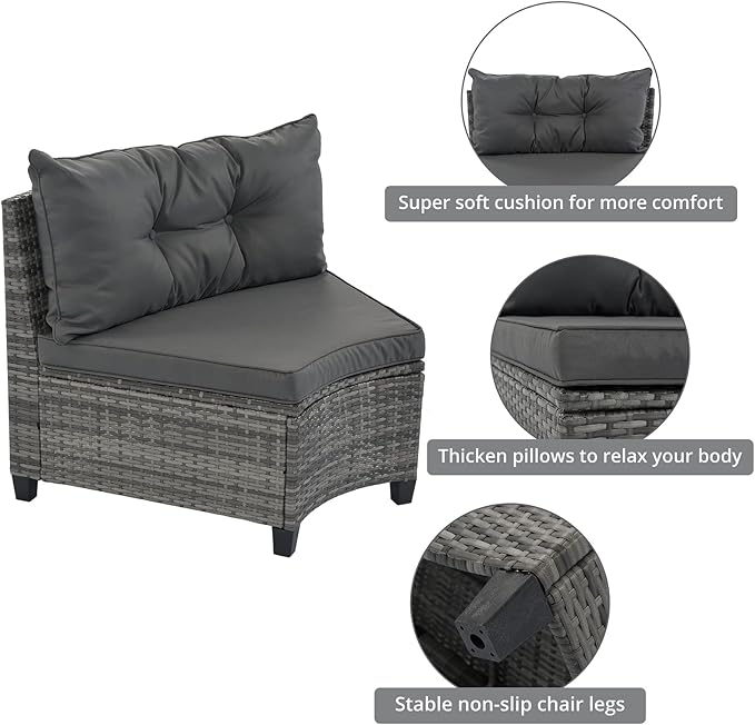 8-Piece Half-Moon Curved Outdoor Sofa Set, Outdoor All-Weather Wicker Patio Conversation Set with Coffee Table Curved Garden Patio Furniture Set with Movable Cushion and Pillows for Pool Backyard,Grey