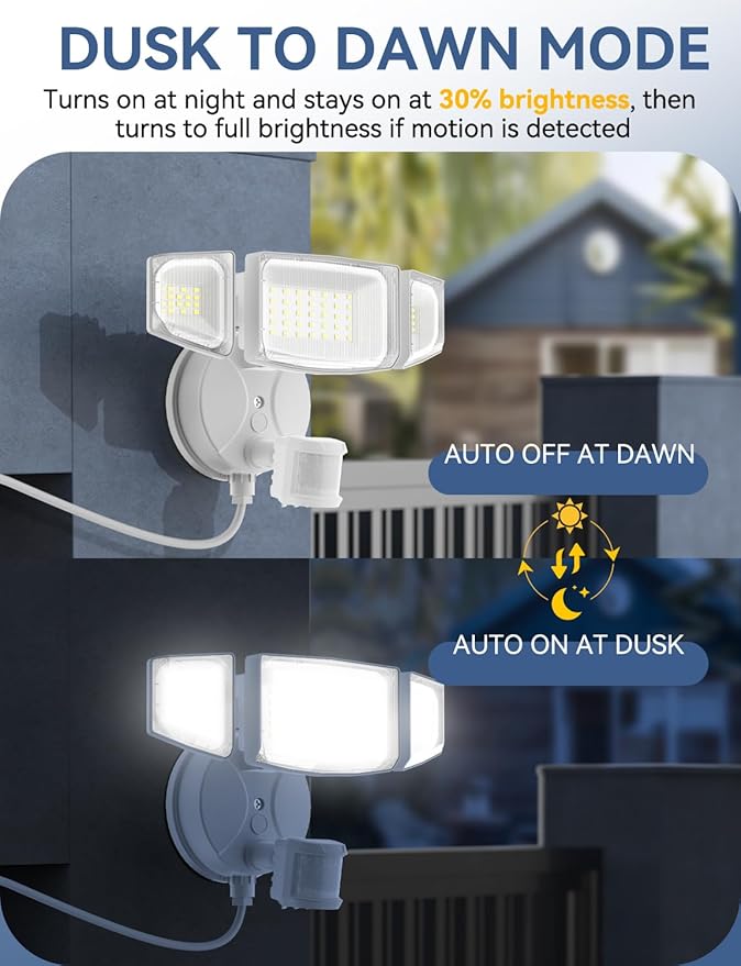 Olafus 50W Motion Sensor Outdoor Light Plug in, Motion Flood Light Dusk to Dawn, 5000LM LED Security Light IP65 Waterproof, Motion Activated 6500K PIR Sensor Lighting for Garage Yard Patio Eave, White