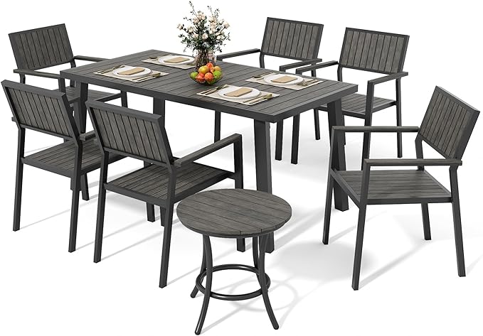 8-Piece Patio Dining Set，Aluminum Outdoor Furniture Set with Wood Table Top,Patio Table and Chairs Set with 6 Outdoor Stackable Chairs for Patio Garden Poolside，Ink