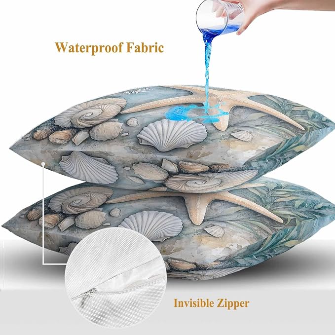 Ocean Coral Outdoor Waterproof Throw Pillow Covers Set of 2, 26"x26", Shell Starfish Plant Leaf Coastal Rustic Decorative Pillow Covers Outside Cushion Case for Patio Porch Garden