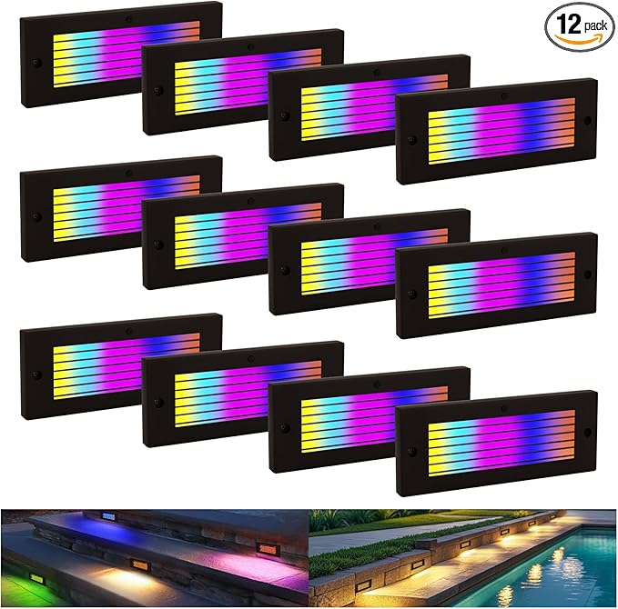 Outdoor Stair Lights, 5W 8.7" 12V LED RGB Color Changing Low Voltage Under Deck Stair Lights Wired for Step Deck Fence Outdoor Waterproof, 0.6'' Ultra Thin Surface Mount, Bronze, 12PK
